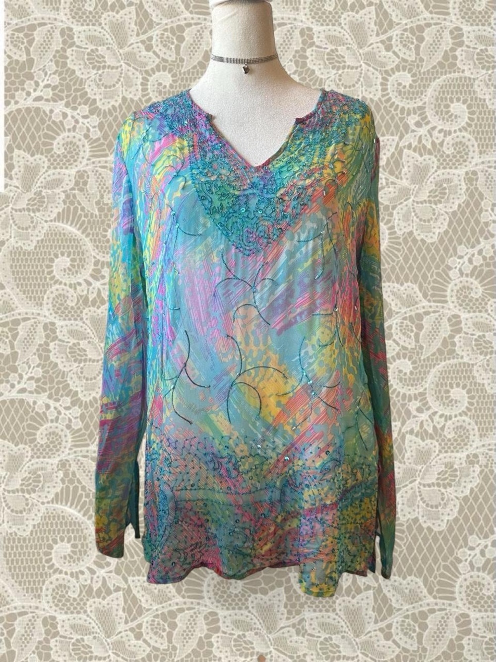 Women’s Multicolor Watercolor V-Neck Long Sleeve Blouse